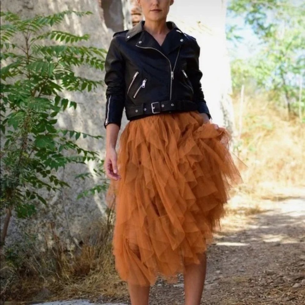 New Rust Orange Tulle Midi Evening Skirt